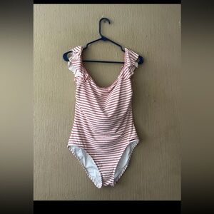 Vince Camuto Womens Size 12 White One Piece SWIMSUIT Red Stripes Short Sleeve